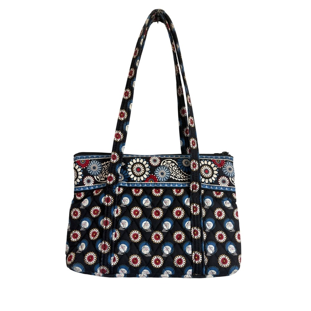 Vera Bradley Night Owl Quilted Cotton Shoulder Bag Black Blue Floral Purse